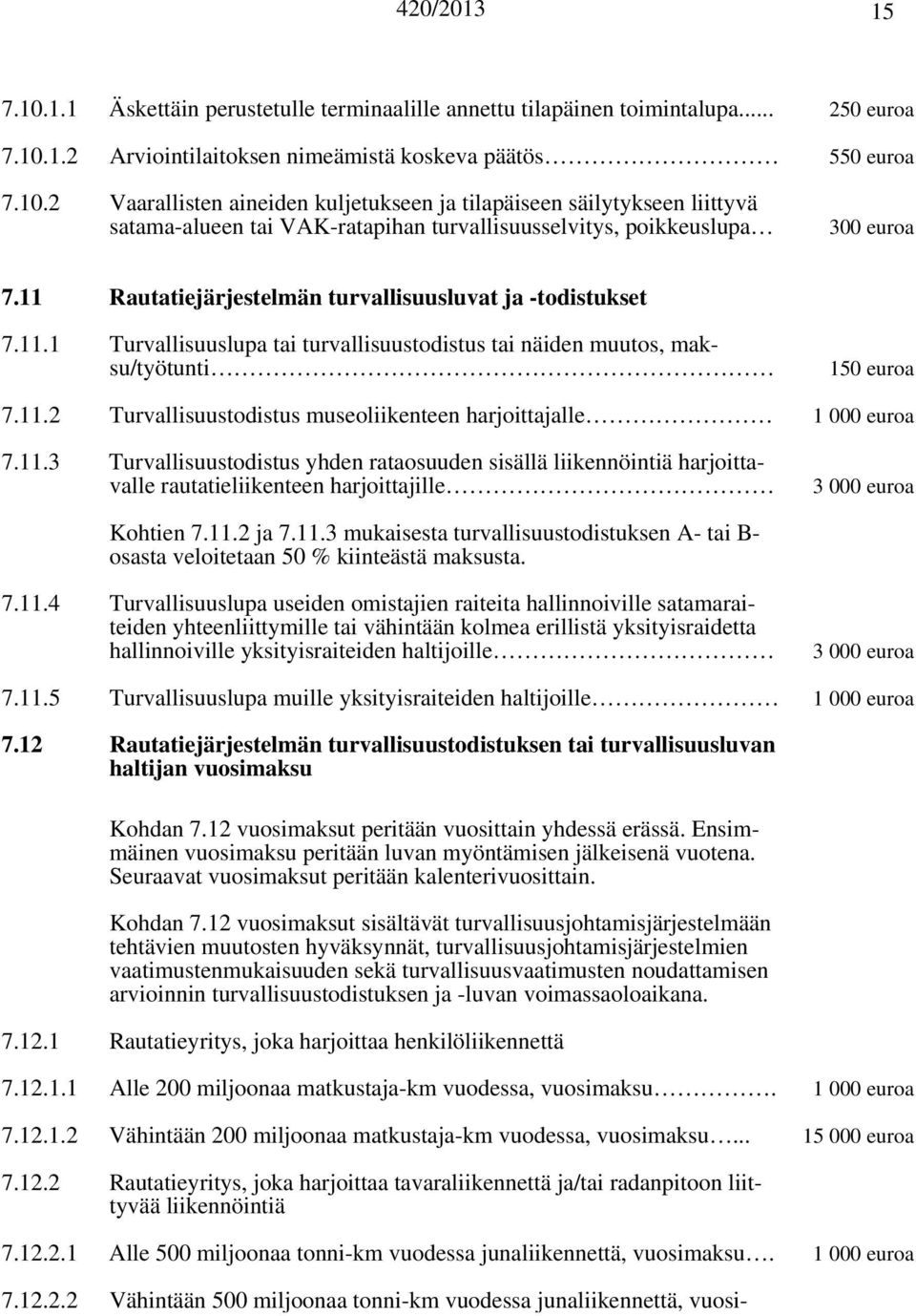 11.3 Turvallisuustodistus yhden rataosuuden sisällä liikennöintiä harjoittavalle rautatieliikenteen harjoittajille 3 000 euroa Kohtien 7.11.2 ja 7.11.3 mukaisesta turvallisuustodistuksen A- tai B- osasta veloitetaan 50 % kiinteästä maksusta.