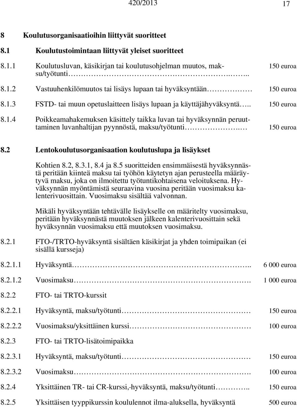150 euroa 8.2 Lentokoulutusorganisaation koulutuslupa ja lisäykset Kohtien 8.2, 8.3.1, 8.4 ja 8.