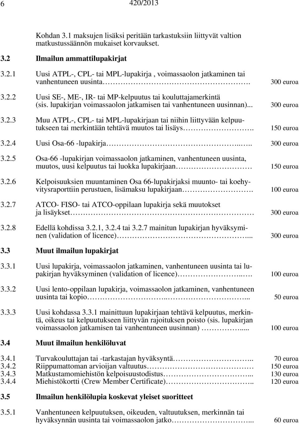 300 euroa 300 euroa 150 euroa 3.2.4 Uusi Osa-66 -lupakirja.... 300 euroa 3.2.5 Osa-66 -lupakirjan voimassaolon jatkaminen, vanhentuneen uusinta, muutos, uusi kelpuutus tai luokka lupakirjaan 3.2.6 Kelpoisuuksien muuntaminen Osa 66-lupakirjaksi muunto- tai koehyvitysraporttiin perustuen, lisämaksu lupakirjaan.