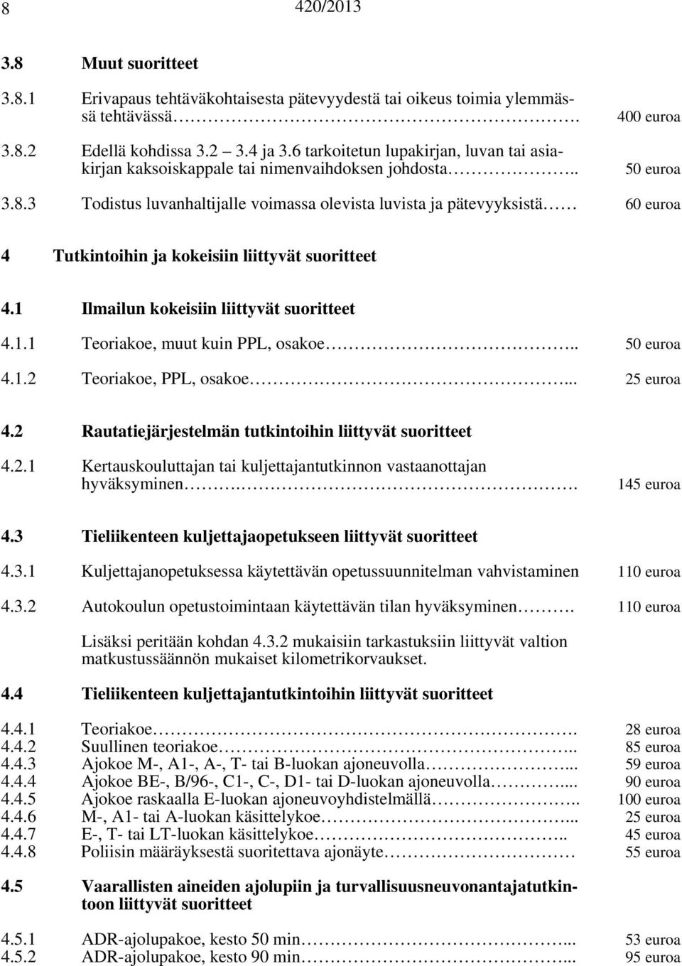 3 Todistus luvanhaltijalle voimassa olevista luvista ja pätevyyksistä 60 euroa 4 Tutkintoihin ja kokeisiin liittyvät suoritteet 4.1 Ilmailun kokeisiin liittyvät suoritteet 4.1.1 Teoriakoe, muut kuin PPL, osakoe.