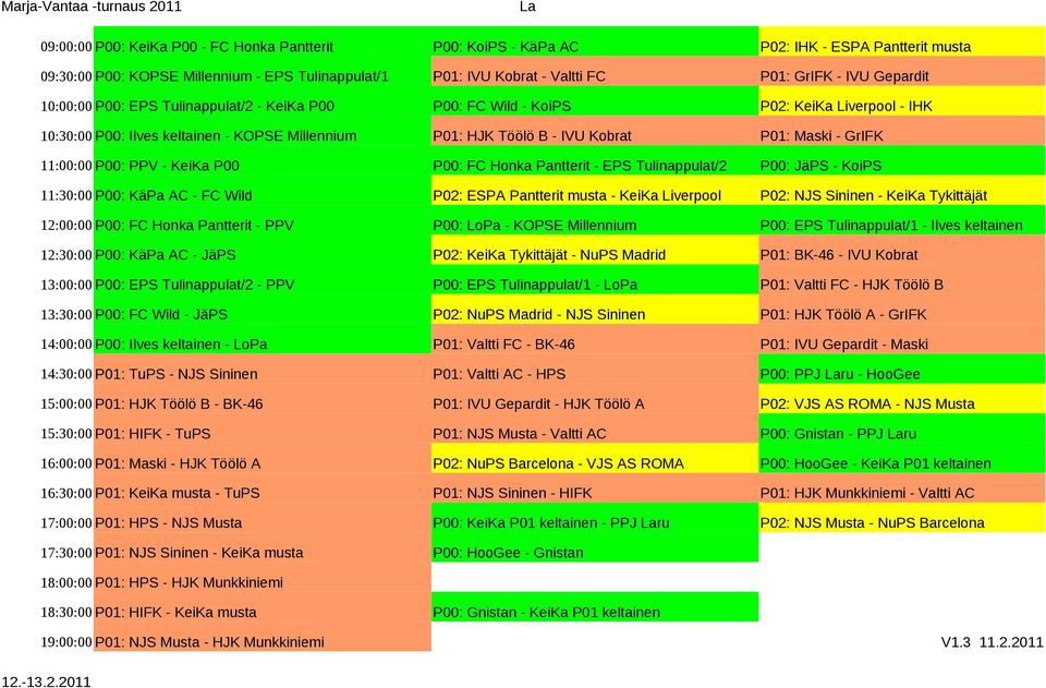 11:00:00 P00: PPV - KeiKa P00 P00: FC Honka Pantterit - EPS Tulinappulat/2 P00: JäPS - KoiPS 11:30:00 P00: KäPa AC - FC Wild P02: ESPA Pantterit musta - KeiKa Liverpool P02: NJS Sininen - KeiKa