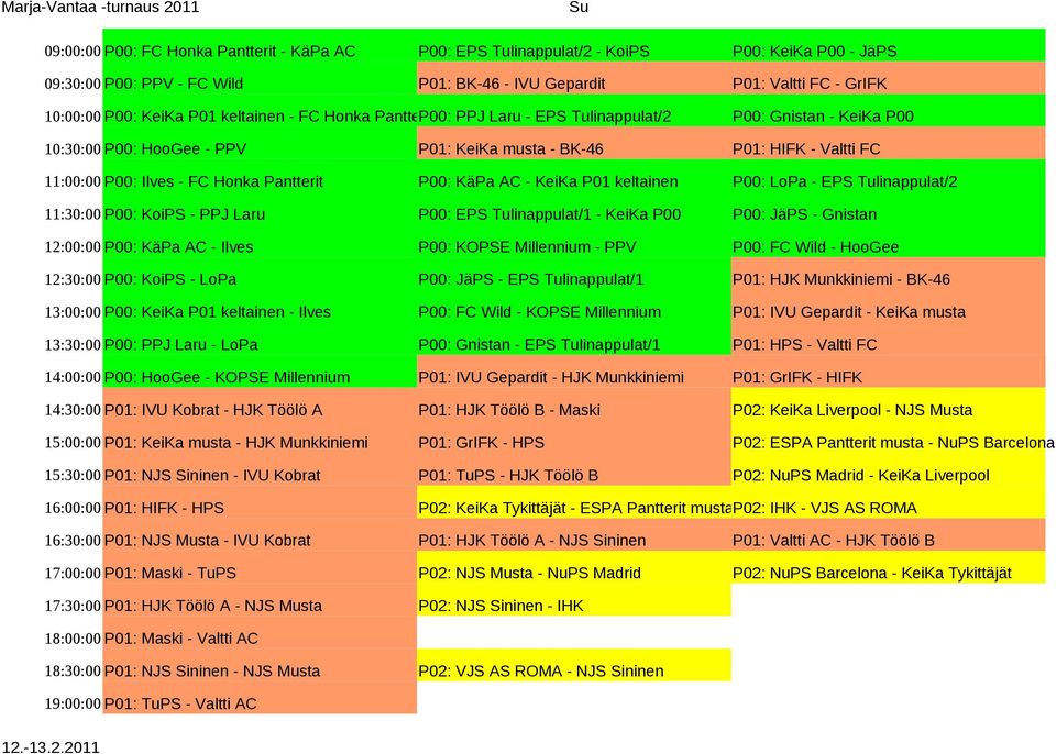 Pantterit P00: KäPa AC - KeiKa P01 keltainen P00: LoPa - EPS Tulinappulat/2 11:30:00 P00: KoiPS - PPJ Laru P00: EPS Tulinappulat/1 - KeiKa P00 P00: JäPS - Gnistan 12:00:00 P00: KäPa AC - Ilves P00: