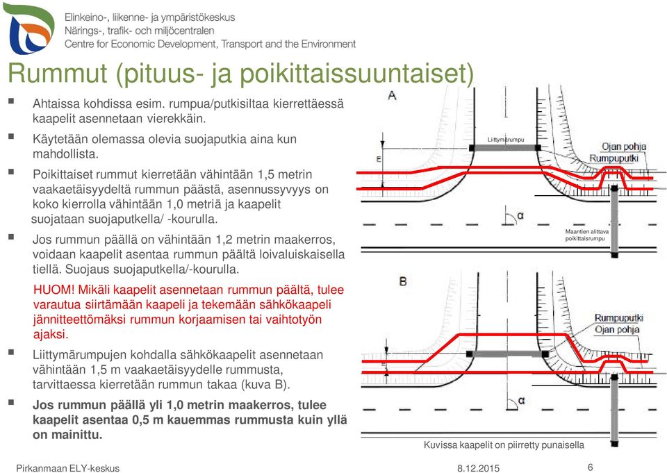 Jos rummun päällä on vähintään 1,2 metrin maakerros, voidaan kaapelit asentaa rummun päältä loivaluiskaisella tiellä. Suojaus suojaputkella/-kourulla. HUOM!