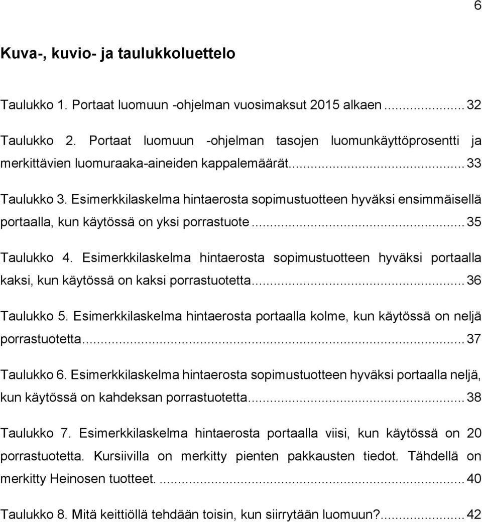 Esimerkkilaskelma hintaerosta sopimustuotteen hyväksi ensimmäisellä portaalla, kun käytössä on yksi porrastuote... 35 Taulukko 4.