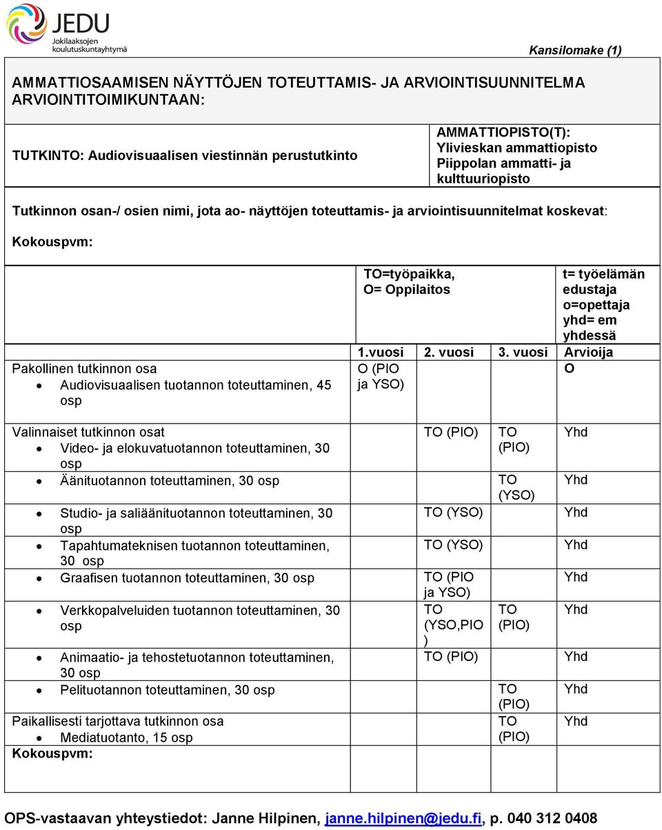 toteuttaminen, 45 osp TO=työpaikka, O= Oppilaitos t= työelämän edustaja o=opettaja yhd= em yhdessä 1.vuosi 2. vuosi 3.
