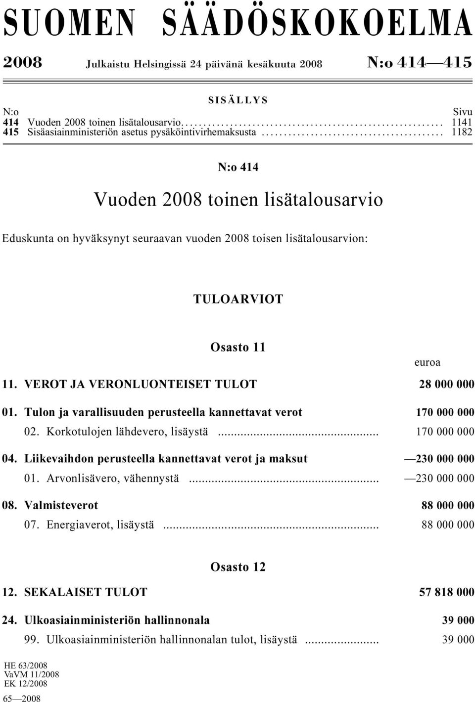 ... 1141 1182 N:o 414 Vuoden 2008 toinen lisätalousarvio Eduskunta on hyväksynyt seuraavan vuoden 2008 toisen lisätalousarvion: TULOARVIOT Osasto 11 euroa 11.