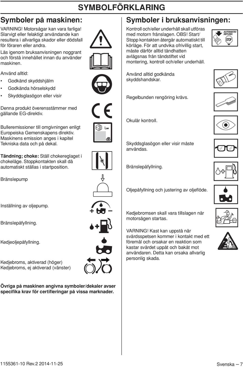 Använd alltid: Godkänd skyddshjälm Godkända hörselskydd Skyddsglasögon eller visir Denna produkt överensstämmer med gällande EG-direktiv.