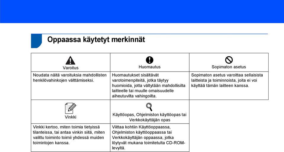 Sopimaton asetus varoittaa sellaisista laitteista ja toiminnoista, joita ei voi käyttää tämän laitteen kanssa.