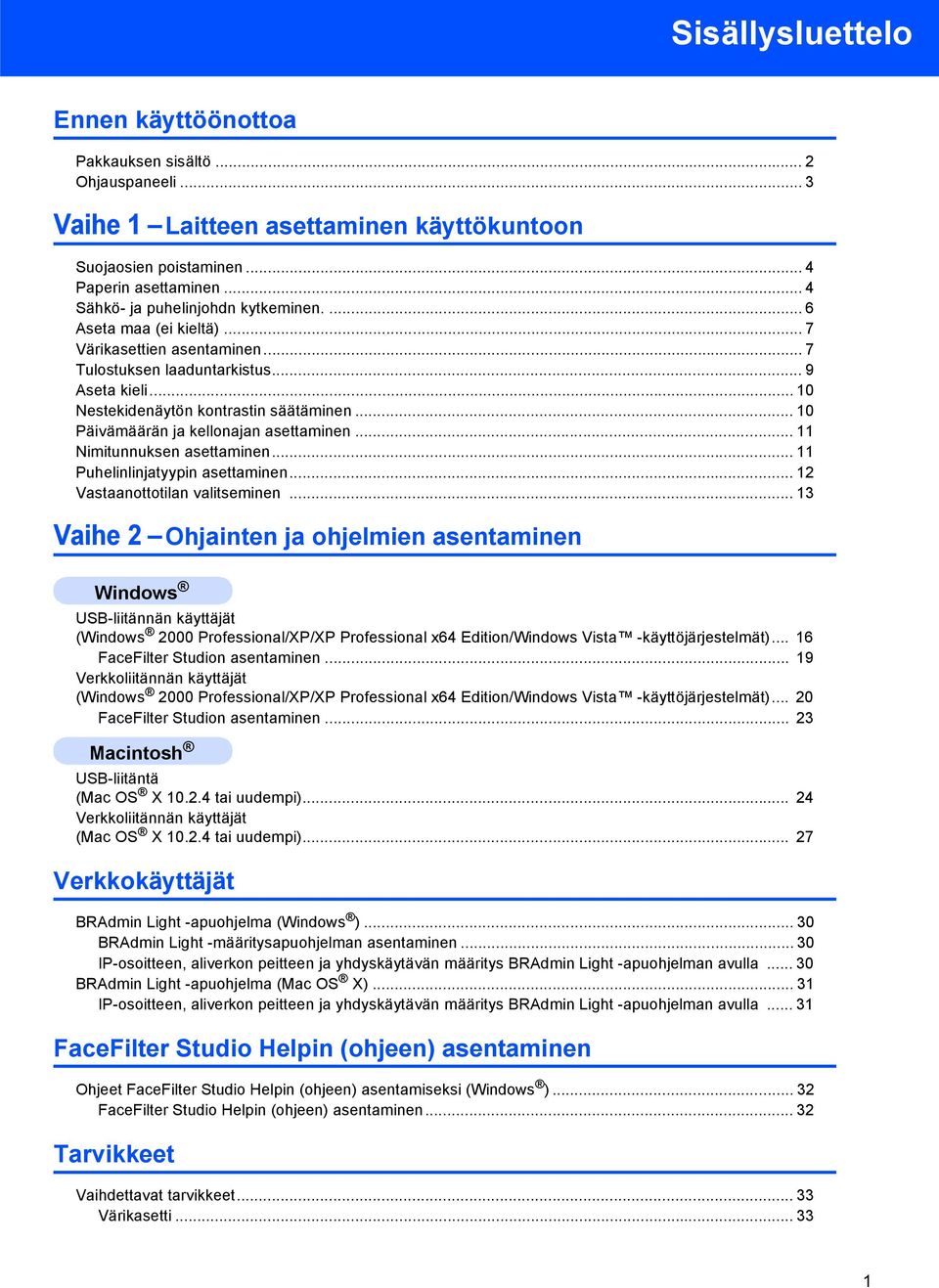 .. 10 Päivämäärän ja kellonajan asettaminen... 11 Nimitunnuksen asettaminen... 11 Puhelinlinjatyypin asettaminen... 12 Vastaanottotilan valitseminen.