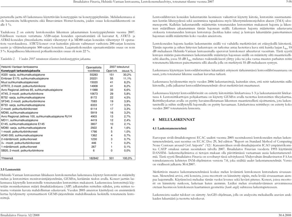 Taulukossa 2 on esitetty lentokoneiden liikenteen jakautuminen konetyyppiryhmiin vuonna 2007.