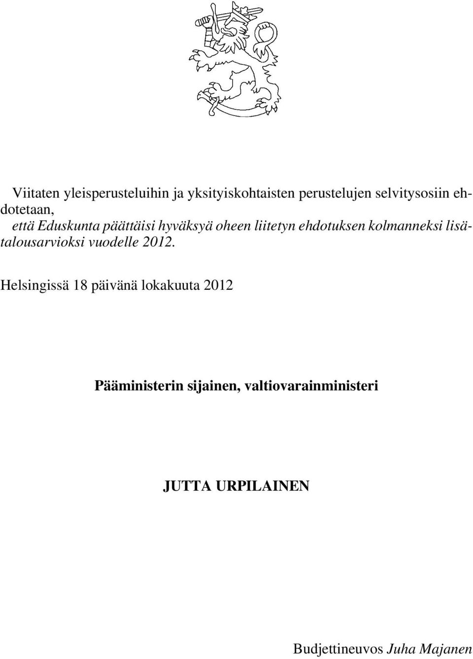 kolmanneksi lisätalousarvioksi vuodelle 2012.