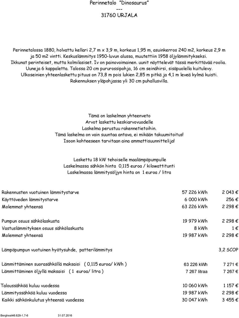 Talossa 20 cm pururossipohja, 16 cm seinähirsi, sisäpuolella kuitulevy. Ulkoseinien yhteenlaskettu pituus on 73,8 m pois lukien 2,85 m pitkä ja 4,1 m leveä kylmä kuisti.