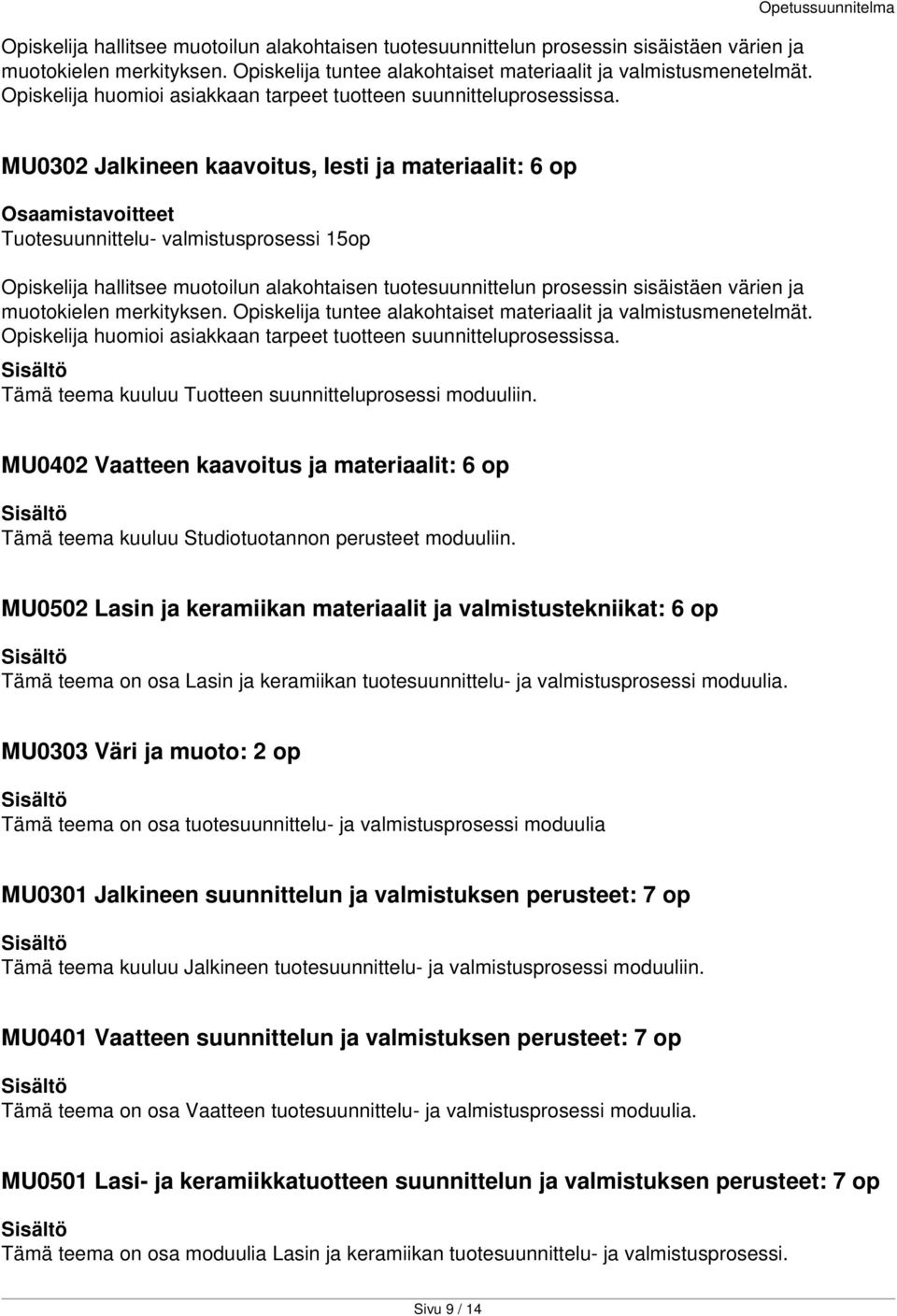 Opetussuunnitelma MU0302 Jalkineen kaavoitus, lesti ja materiaalit: 6 op Tuotesuunnittelu- valmistusprosessi 15op   Tämä teema kuuluu Tuotteen suunnitteluprosessi moduuliin.