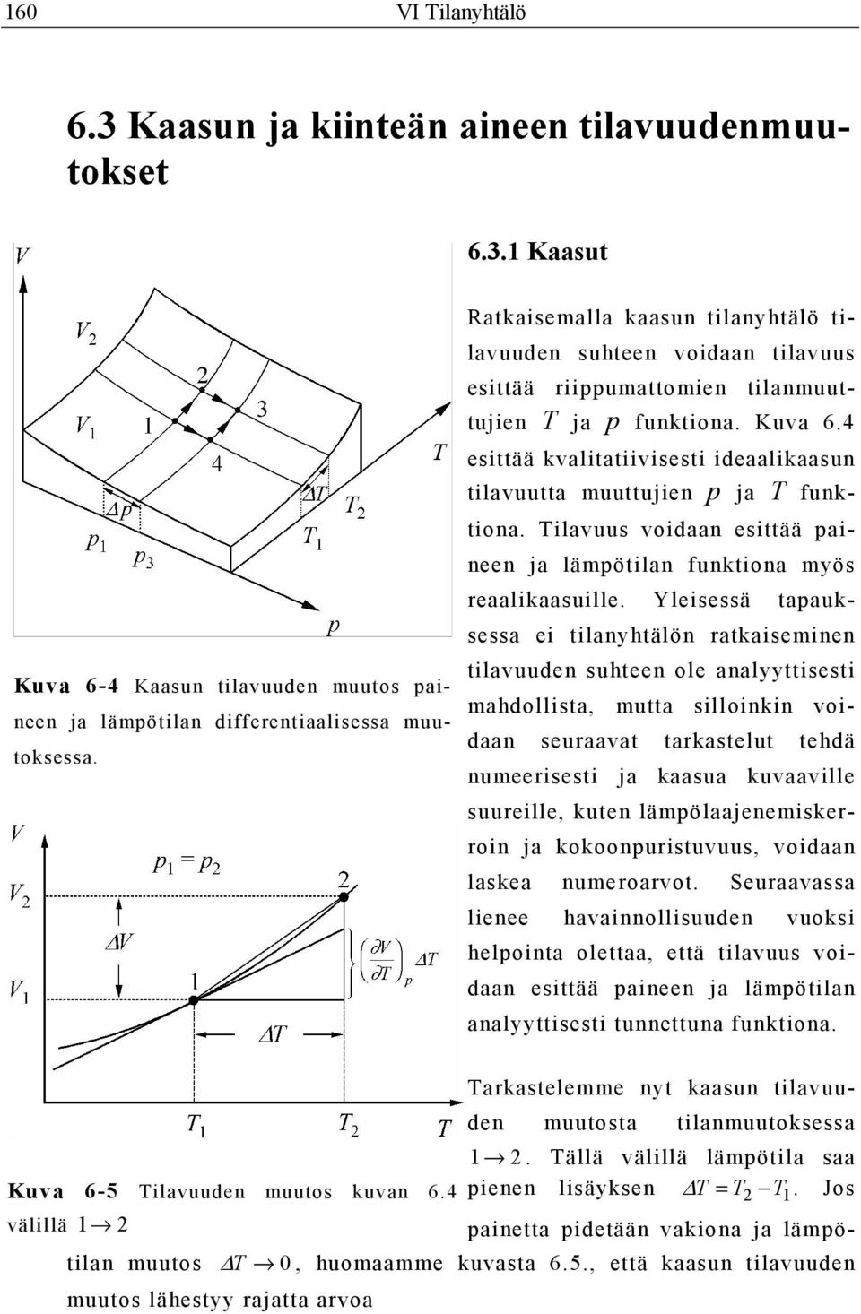 4 esittää kvalitatiivisesti ideaalikaasun tilavuutta muuttujien p ja T funktiona. Tilavuus voidaan esittää paineen ja lämpötilan funktiona myös reaalikaasuille.