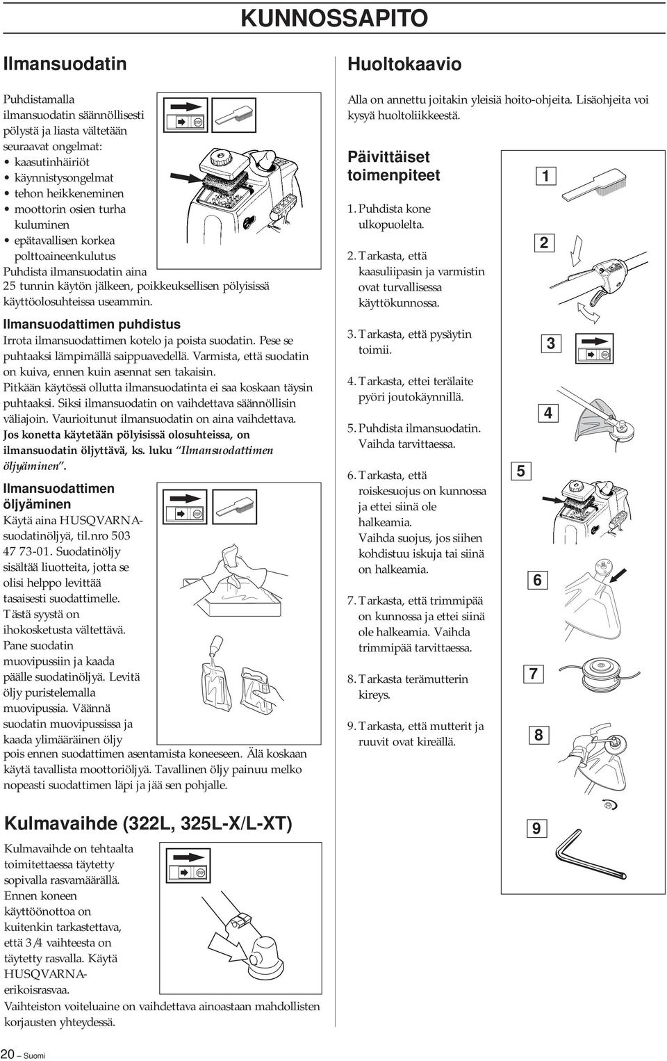 Ilmansuodattimen puhdistus Irrota ilmansuodattimen kotelo ja poista suodatin. Pese se puhtaaksi lämpimällä saippuavedellä. Varmista, että suodatin on kuiva, ennen kuin asennat sen takaisin.