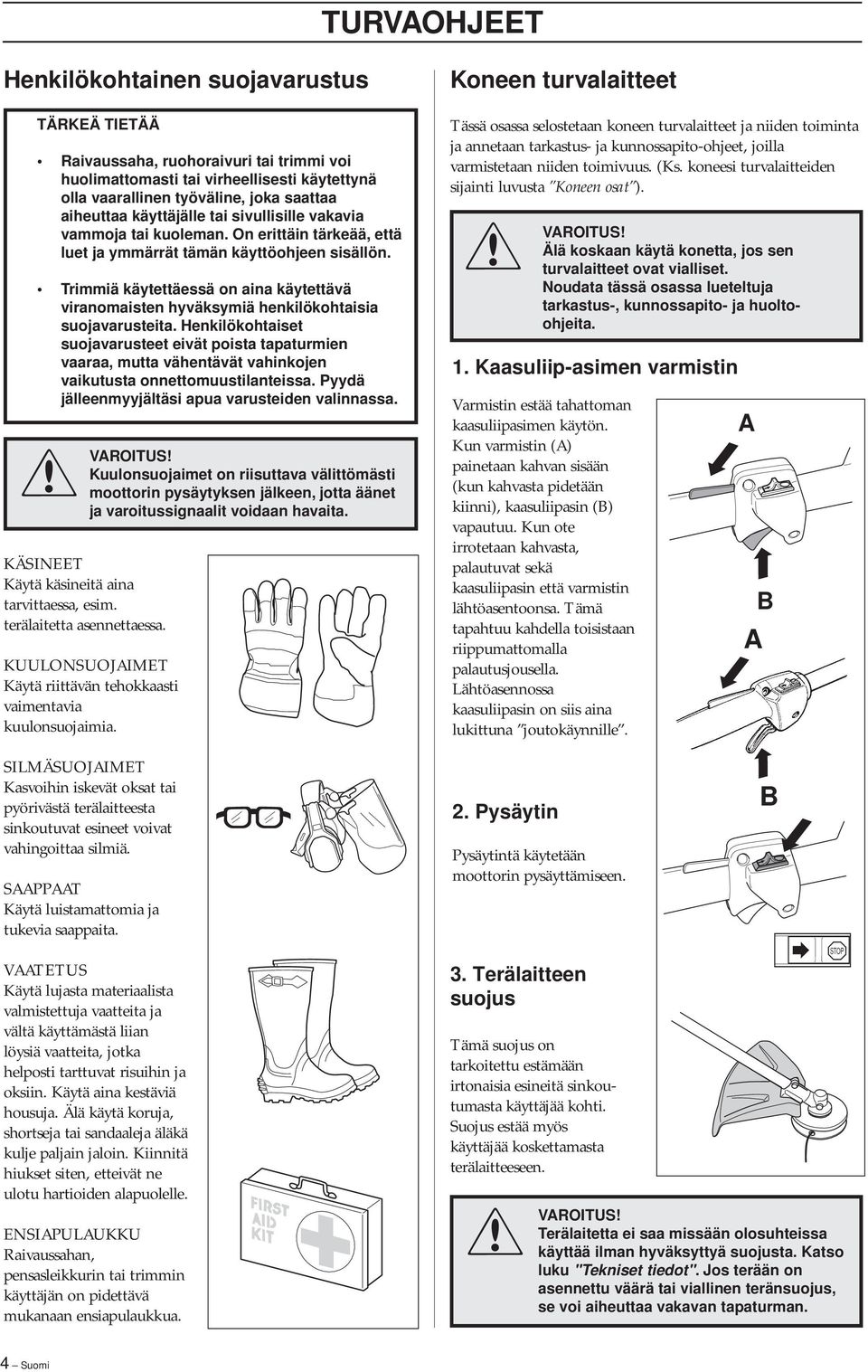 Trimmiä käytettäessä on aina käytettävä viranomaisten hyväksymiä henkilökohtaisia suojavarusteita.