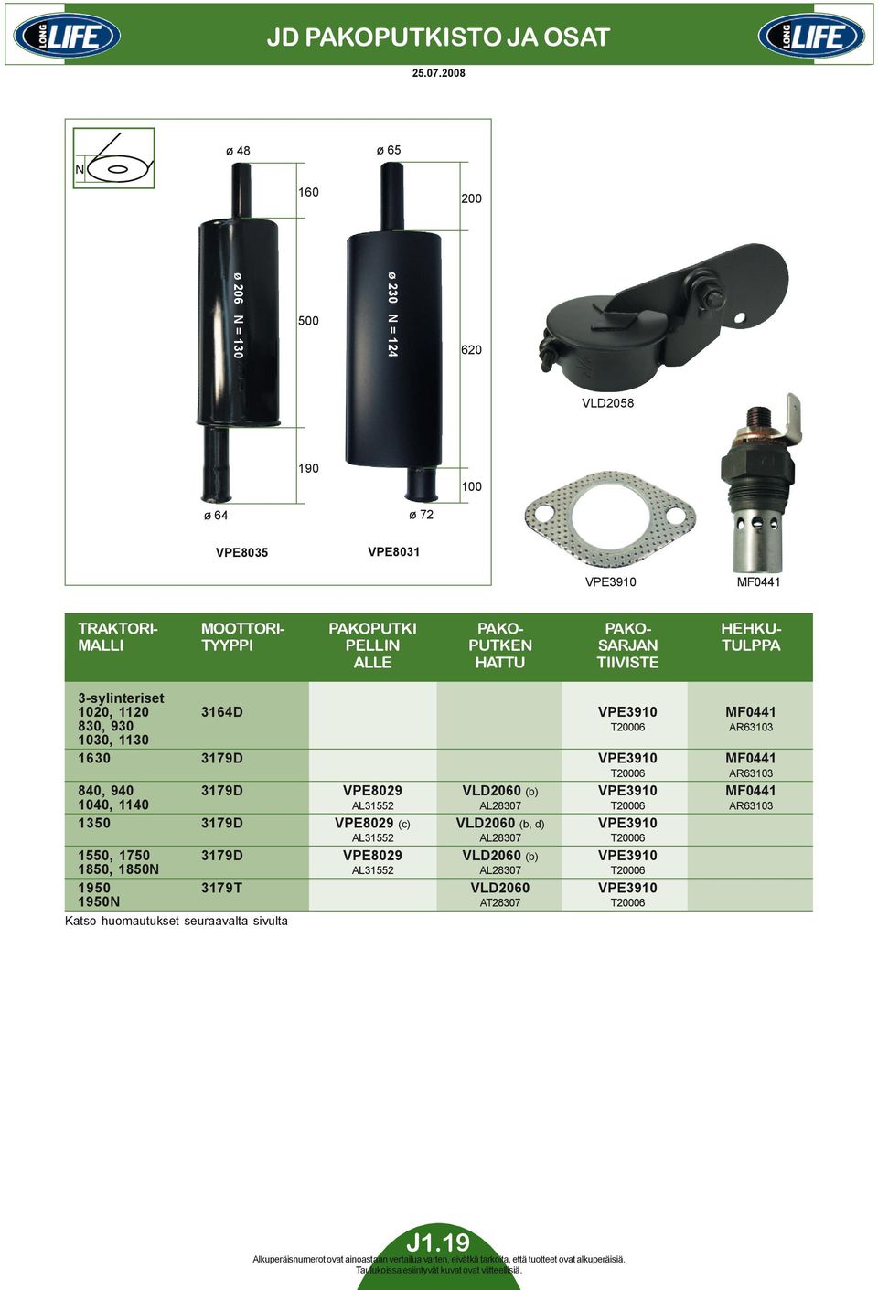 TYYPPI PELLIN PUTKEN SARJAN TULPPA ALLE HATTU TIIVISTE 3-sylinteriset 1020, 1120 3164D VPE3910 MF0441 830, 930 T20006 AR63103 1030, 1130 1630 3179D VPE3910 MF0441 T20006 AR63103