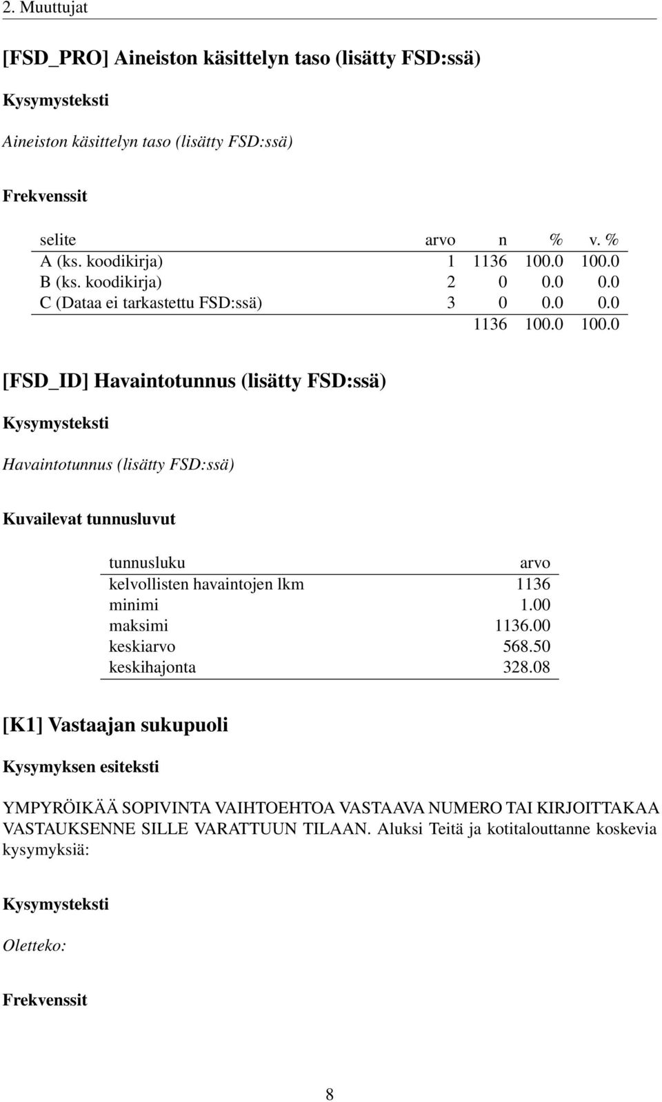 tunnusluku arvo kelvollisten havaintojen lkm 1136 minimi 1.00 maksimi 1136.00 keskiarvo 568.50 keskihajonta 328.