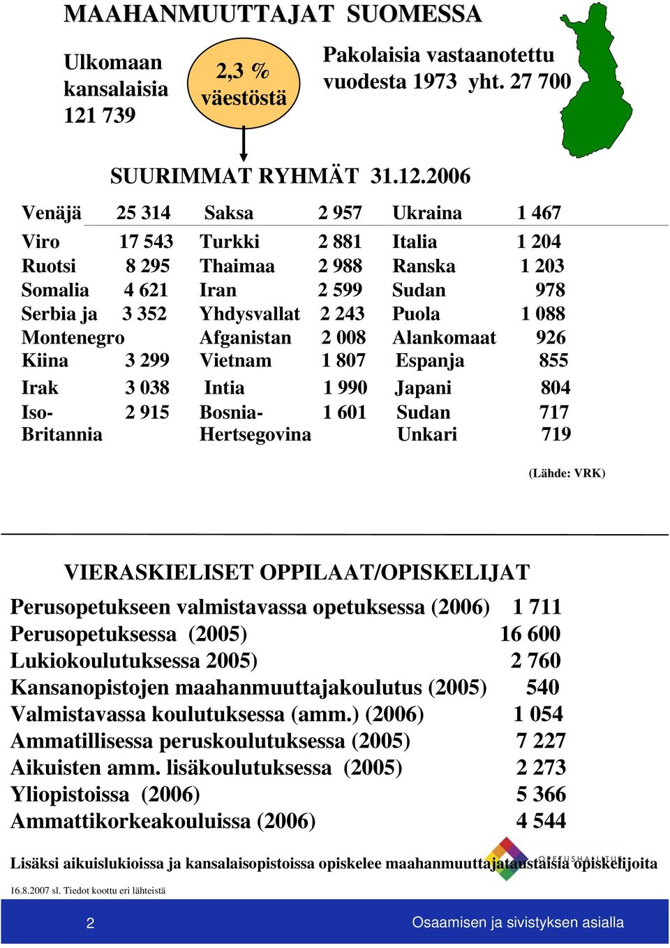 2006 Venäjä 25 314 Saksa 2 957 Ukraina 1 467 Viro 17 543 Turkki 2 881 Italia 1 204 Ruotsi 8 295 Thaimaa 2 988 Ranska 1 203 Somalia 4 621 Iran 2 599 Sudan 978 Serbia ja 3 352 Yhdysvallat 2 243 Puola 1