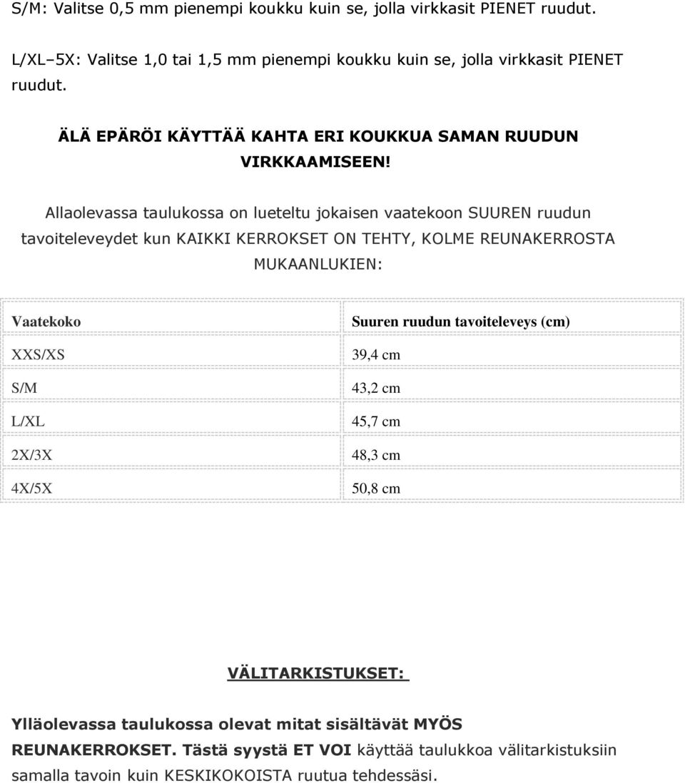 Allaolevassa taulukossa on lueteltu jokaisen vaatekoon SUUREN ruudun tavoiteleveydet kun KAIKKI KERROKSET ON TEHTY, KOLME REUNAKERROSTA MUKAANLUKIEN: Vaatekoko XXS/XS S/M