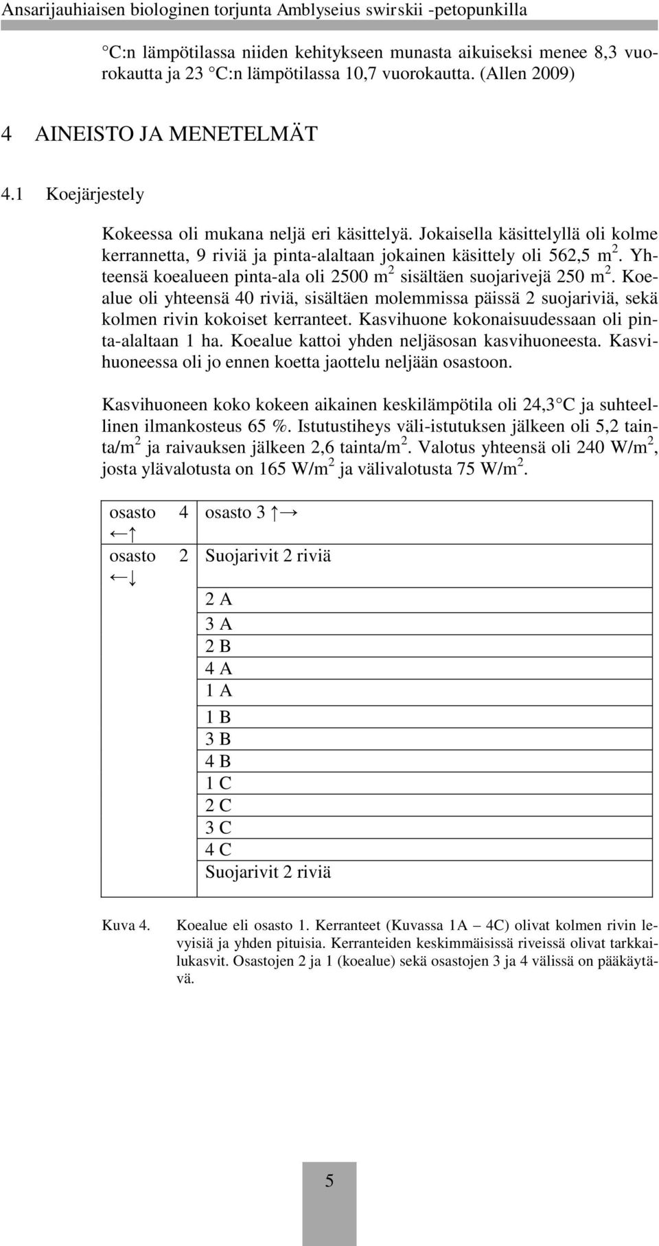 Yhteensä koealueen pinta-ala oli 2500 m 2 sisältäen suojarivejä 250 m 2. Koealue oli yhteensä 40 riviä, sisältäen molemmissa päissä 2 suojariviä, sekä kolmen rivin kokoiset kerranteet.
