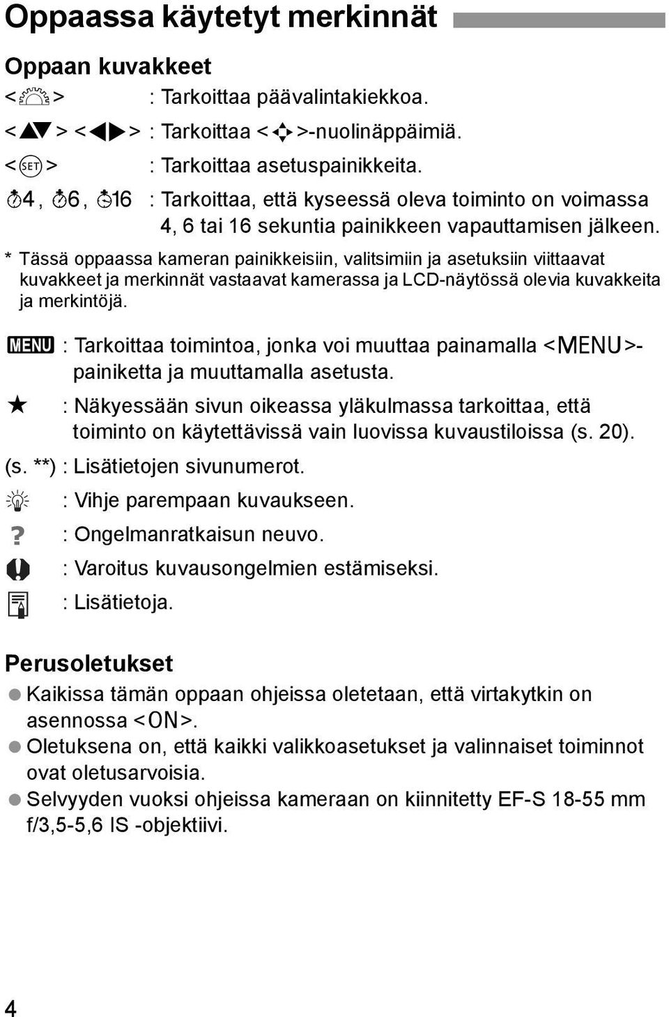 * Tässä oppaassa ameran painieisiin, valitsimiin ja asetusiin viittaavat uvaeet ja merinnät vastaavat amerassa ja LCD-näytössä olevia uvaeita ja merintöjä.