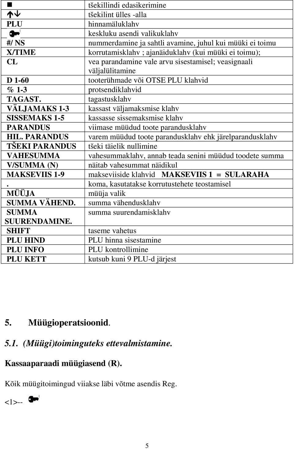 tagastusklahv VÄLJAMAKS 1-3 kassast väljamaksmise klahv SISSEMAKS 1-5 kassasse sissemaksmise klahv PARANDUS viimase müüdud toote parandusklahv HIL.