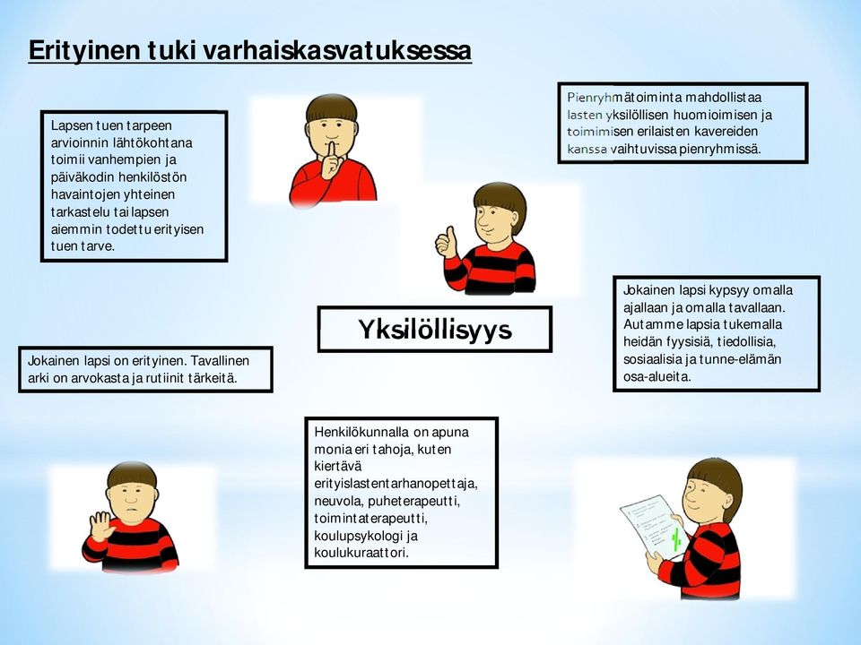 Tavallinen arki on arvokasta ja rutiinit tärkeitä. Yksilöllisyys Jokainen lapsi kypsyy omalla ajallaan ja omalla tavallaan.