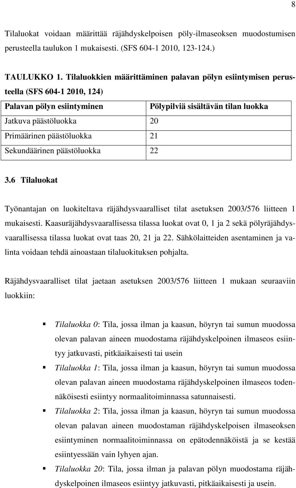 21 Sekundäärinen päästöluokka 22 3.6 Tilaluokat Työnantajan on luokiteltava räjähdysvaaralliset tilat asetuksen 2003/576 liitteen 1 mukaisesti.