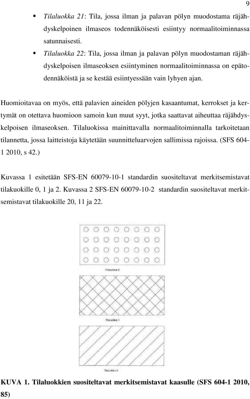 Huomioitavaa on myös, että palavien aineiden pölyjen kasaantumat, kerrokset ja kertymät on otettava huomioon samoin kun muut syyt, jotka saattavat aiheuttaa räjähdyskelpoisen ilmaseoksen.