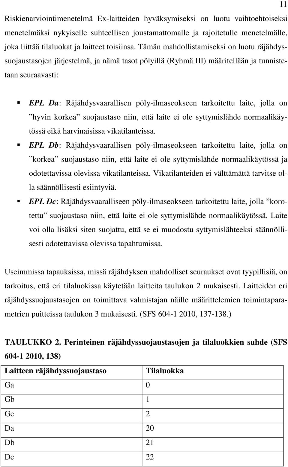 Tämän mahdollistamiseksi on luotu räjähdyssuojaustasojen järjestelmä, ja nämä tasot pölyillä (Ryhmä III) määritellään ja tunnistetaan seuraavasti: EPL Da: Räjähdysvaarallisen pöly-ilmaseokseen