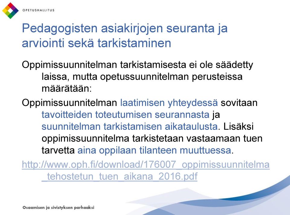 toteutumisen seurannasta ja suunnitelman tarkistamisen aikataulusta.