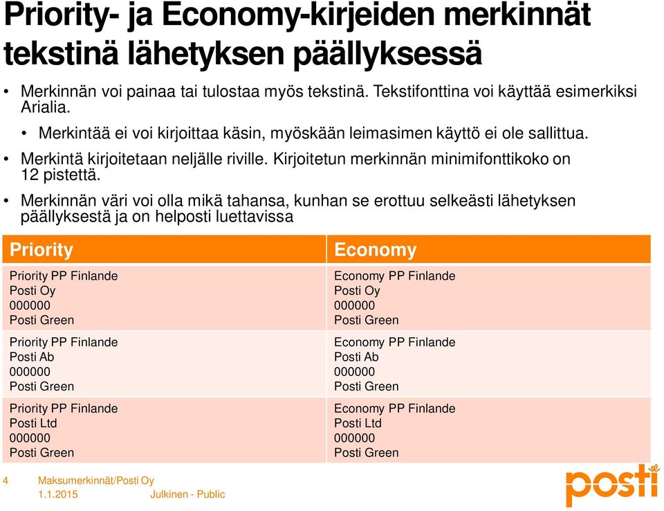 Merkinnän väri voi olla mikä tahansa, kunhan se erottuu selkeästi lähetyksen päällyksestä ja on helposti luettavissa Priority Priority PP Finlande Posti Oy 000000 Priority PP