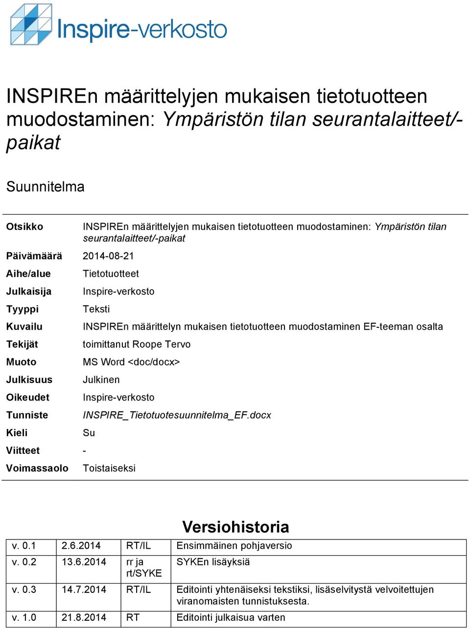 INSPIREn määrittelyn mukaisen tietotuotteen muodostaminen EF-teeman osalta toimittanut Roope Tervo MS Word <doc/docx> Julkinen Inspire-verkosto INSPIRE_Tietotuotesuunnitelma_EF.