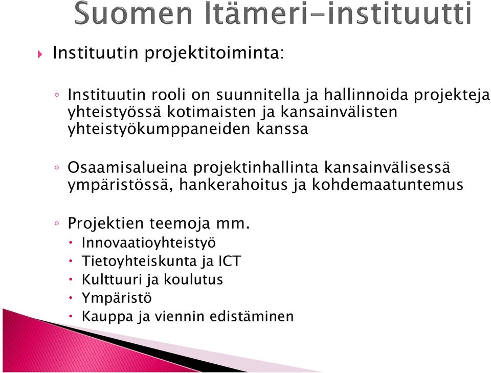 projektinhallinta kansainvälisessä ympäristössä, hankerahoitus ja kohdemaatuntemus Projektien