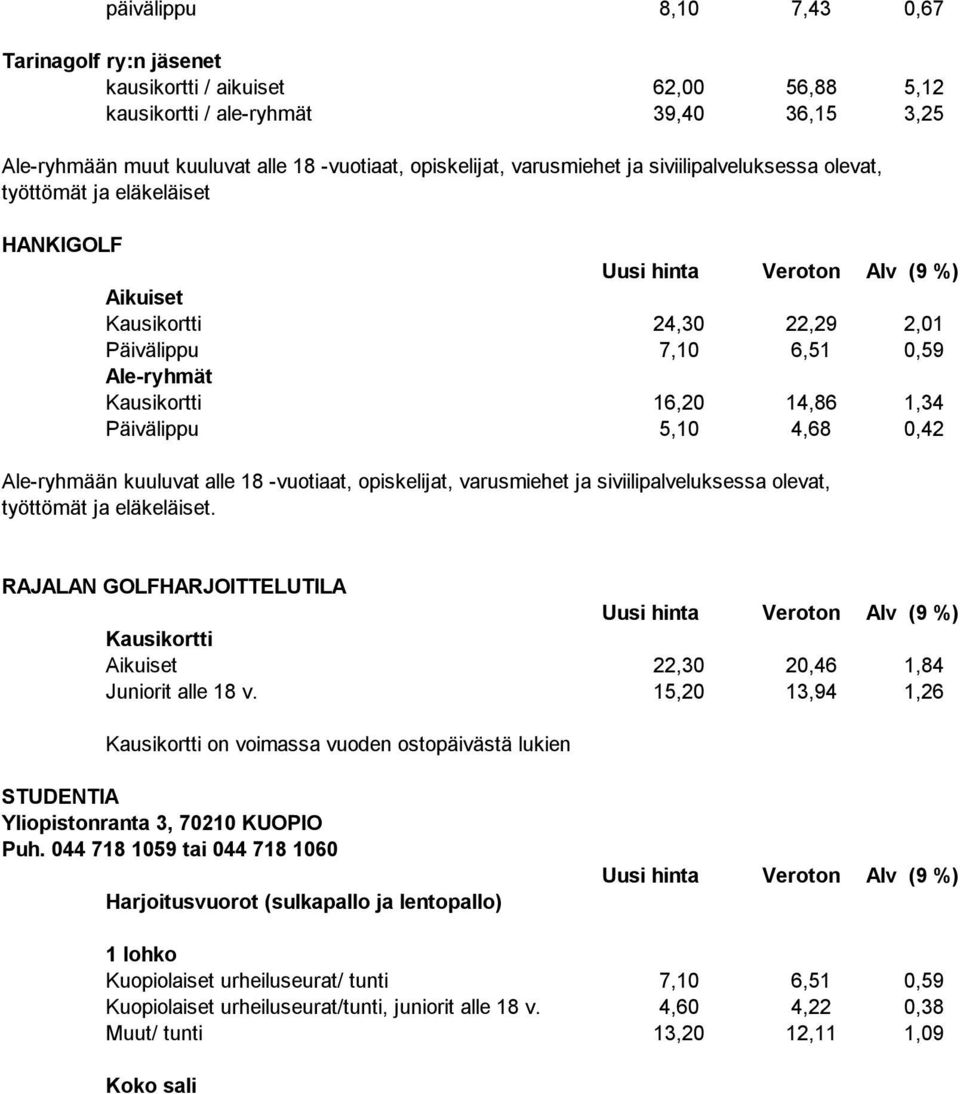 4,68 0,42 Ale-ryhmään kuuluvat alle 18 -vuotiaat, opiskelijat, varusmiehet ja siviilipalveluksessa olevat, työttömät ja eläkeläiset.