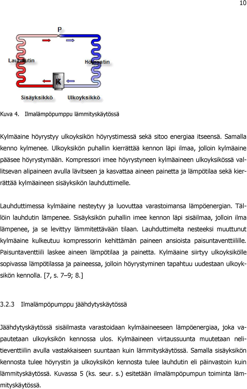 Kompressori imee höyrystyneen kylmäaineen ulkoyksikössä vallitsevan alipaineen avulla lävitseen ja kasvattaa aineen painetta ja lämpötilaa sekä kierrättää kylmäaineen sisäyksikön lauhduttimelle.