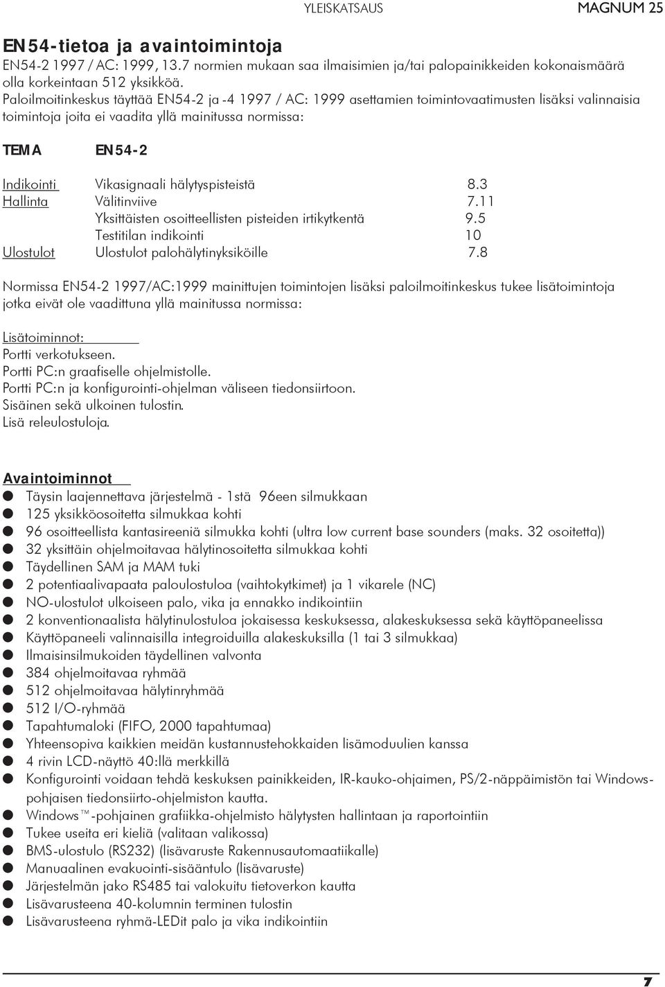 EN54-2 Vikasignaali hälytyspisteistä 8.3 Välitinviive 7.11 Yksittäisten osoitteellisten pisteiden irtikytkentä 9.5 Testitilan indikointi 10 Ulostulot palohälytinyksiköille 7.