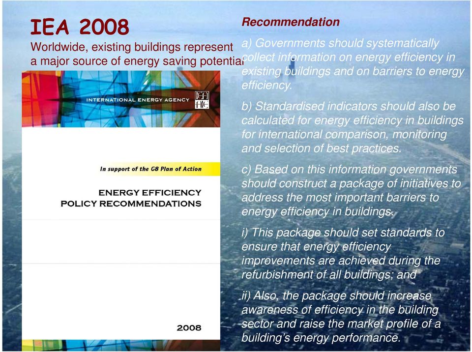 b) Standardised indicators should also be calculated for energy efficiency in buildings for international comparison, monitoring and selection of best practices.