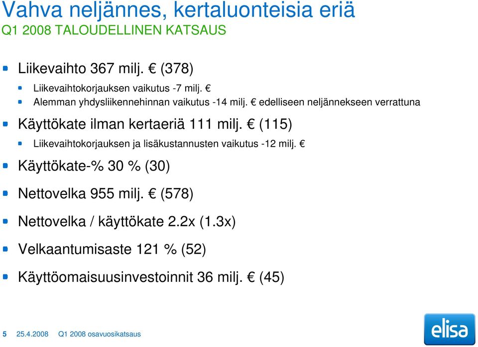 edelliseen neljännekseen verrattuna Käyttökate ilman kertaeriä 111 milj.