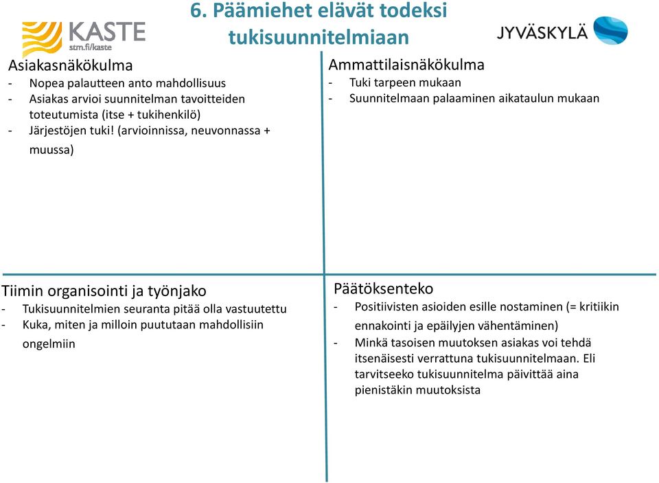 Päämiehet elävät todeksi tukisuunnitelmiaan Ammattilaisnäkökulma - Tuki tarpeen mukaan - Suunnitelmaan palaaminen aikataulun mukaan Tiimin organisointi ja työnjako -