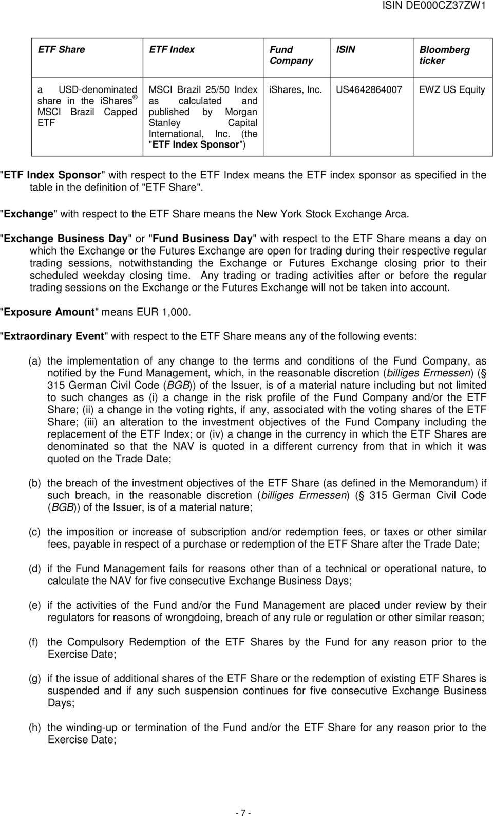 US4642864007 EWZ US Equity "ETF Index Sponsor" with respect to the ETF Index means the ETF index sponsor as specified in the table in the definition of "ETF Share".
