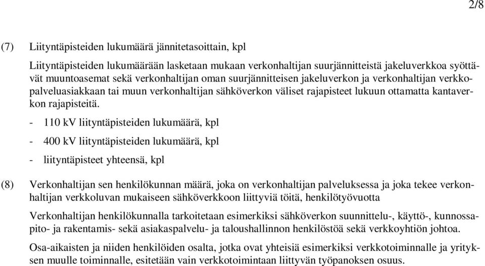 - 110 kv liityntäpisteiden lukumäärä, kpl - 400 kv liityntäpisteiden lukumäärä, kpl - liityntäpisteet yhteensä, kpl (8) Verkonhaltijan sen henkilökunnan määrä, joka on verkonhaltijan palveluksessa ja