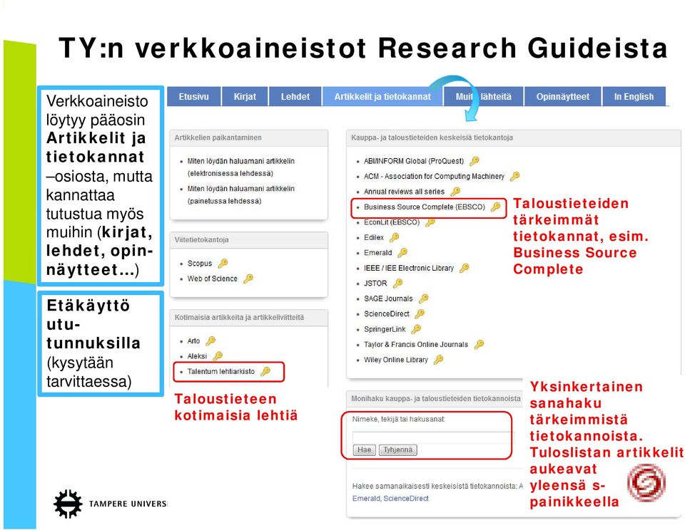 esim. Business Source Complete Etäkäyttö ututunnuksilla (kysytään tarvittaessa) Taloustieteen kotimaisia