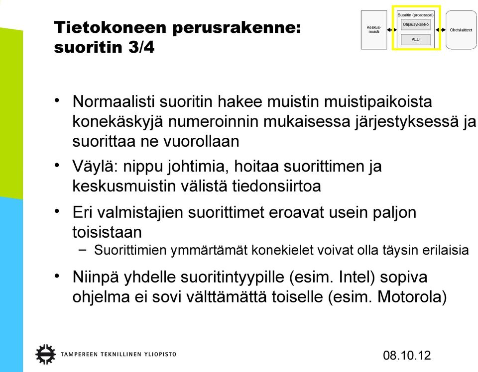 tiedonsiirtoa Eri valmistajien suorittimet eroavat usein paljon toisistaan Suorittimien ymmärtämät konekielet voivat