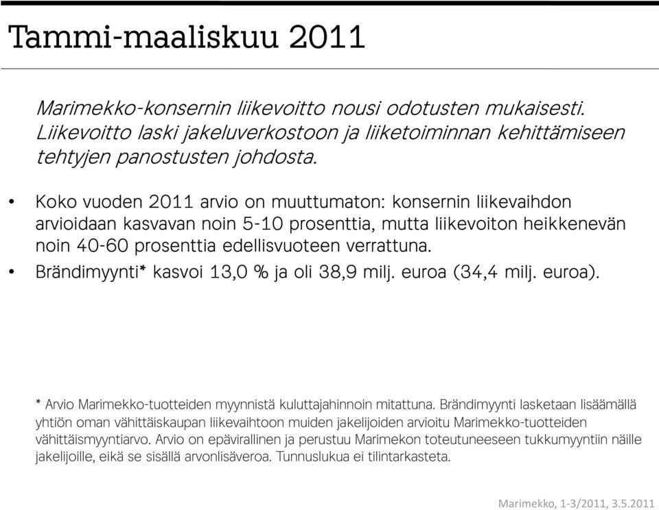 Brändimyynti* kasvoi 13,0 % ja oli 38,9 milj. euroa (34,4 milj. euroa). * Arvio Marimekko-tuotteiden myynnistä kuluttajahinnoin mitattuna.