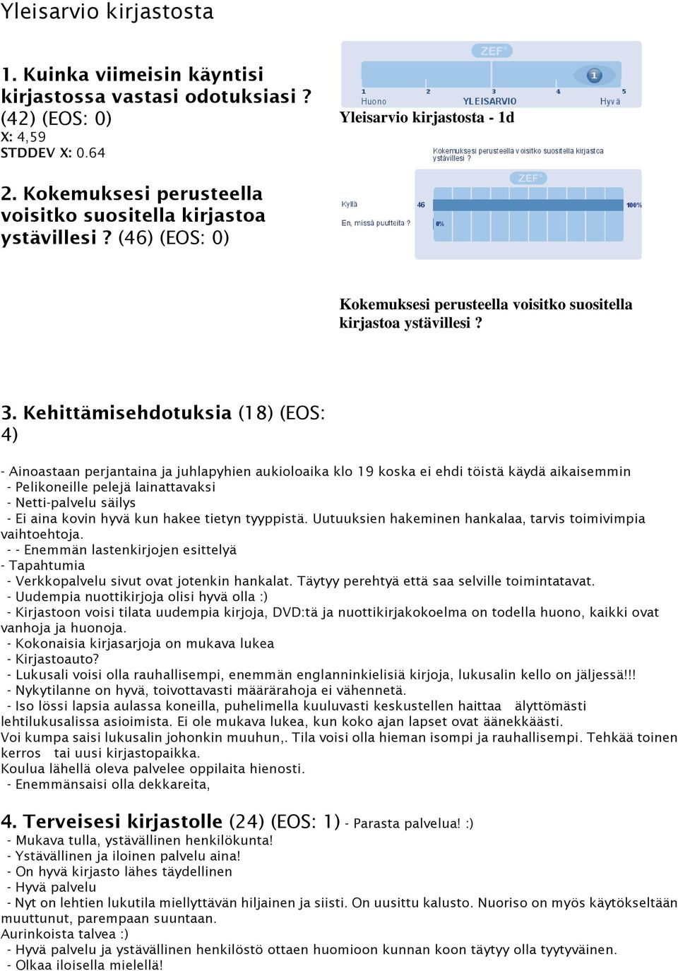 Kehittämisehdotuksia (18) (EOS: 4) - Ainoastaan perjantaina ja juhlapyhien aukioloaika klo 19 koska ei ehdi töistä käydä aikaisemmin - Pelikoneille pelejä lainattavaksi - Netti-palvelu säilys - Ei