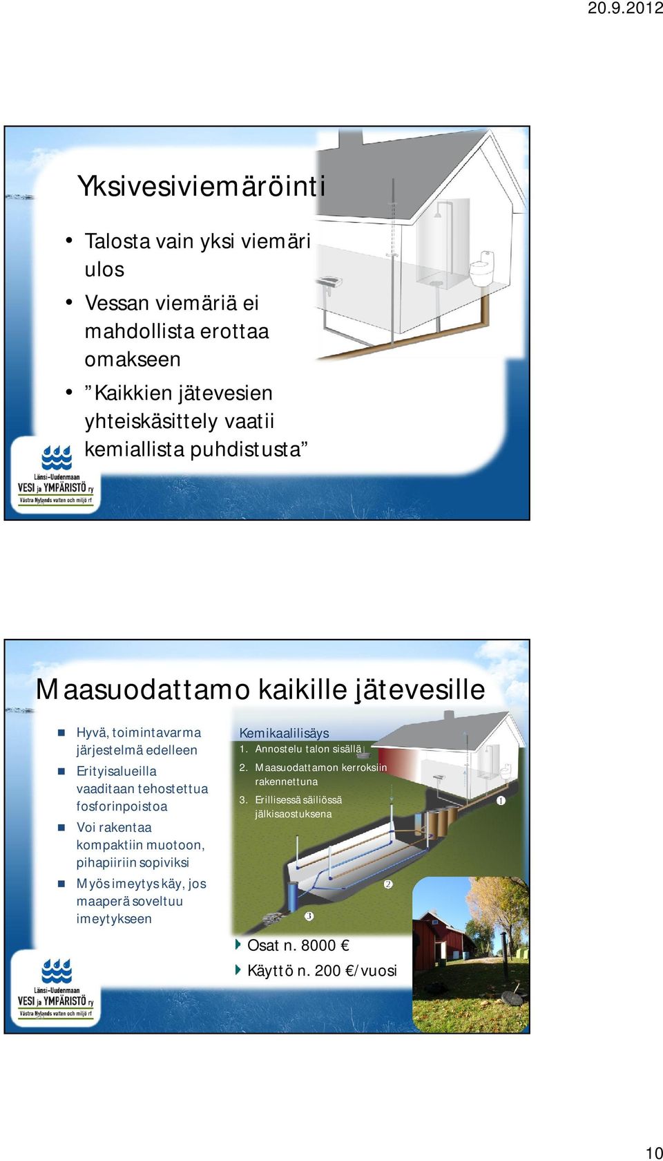 fosforinpoistoa Voi rakentaa kompaktiin muotoon, pihapiiriin sopiviksi Myös imeytys käy, jos maaperä soveltuu imeytykseen Kemikaalilisäys 1.