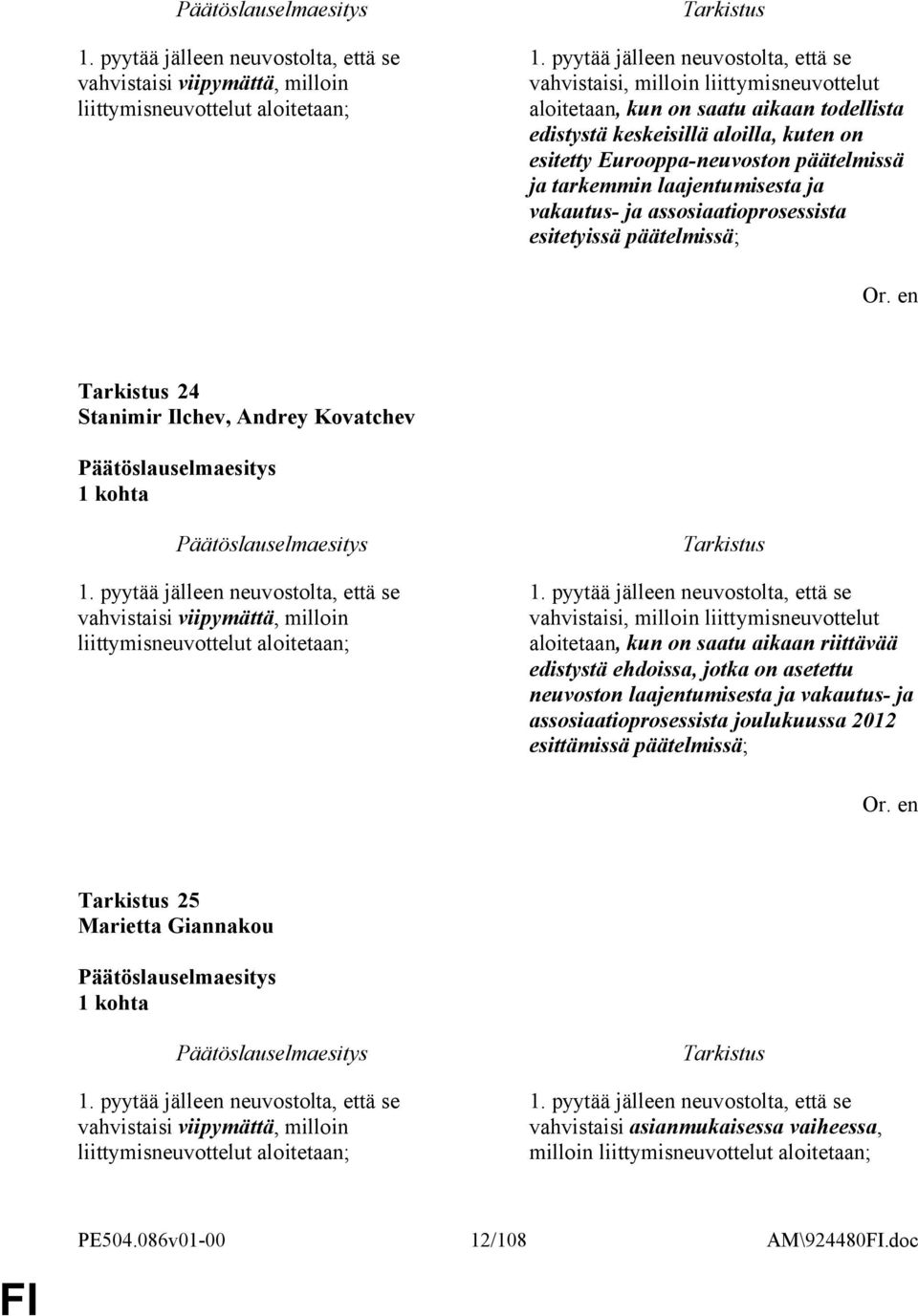 päätelmissä ja tarkemmin laajentumisesta ja vakautus- ja assosiaatioprosessista esitetyissä päätelmissä; 24 Stanimir Ilchev, Andrey Kovatchev 1 kohta  pyytää jälleen neuvostolta, että se vahvistaisi,