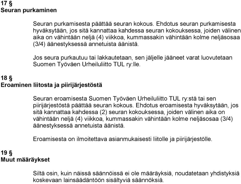 annetuista äänistä. Jos seura purkautuu tai lakkautetaan, sen jäljelle jääneet varat luovutetaan Suomen Työväen Urheiluliitto TUL ry:lle.